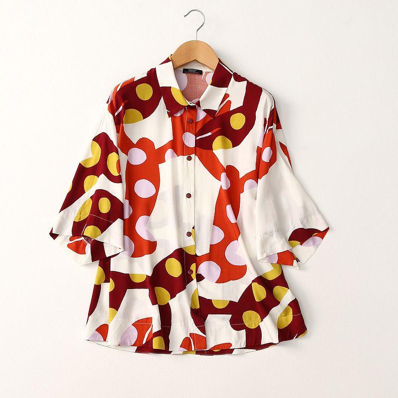 

Foreign Trade Export Loose Slimming Tie-dye Print Cotton Silk Shirts Summer Short sleeve Artificial Cotton Top Plus size women clothing White One size