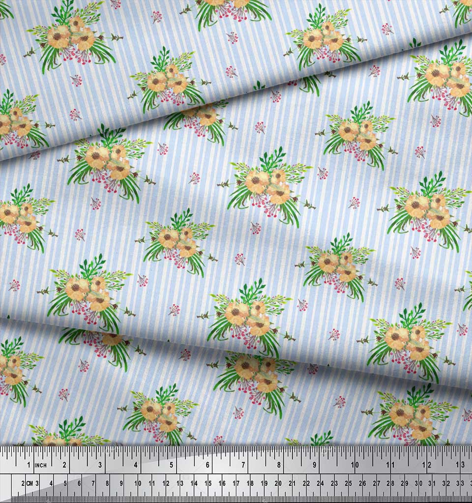 Soimoi Blue Japan Crepe Satin Fabric Stripe & Anemone Floral Fabric Prints By metre 42 Inch