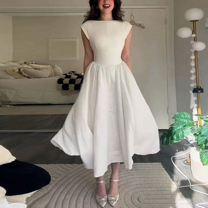 

2025 Summer New European and American round Neck Sleeveless Solid Women clothes Sexy Slim fit Mid Skirt Dress White Dress 2XL