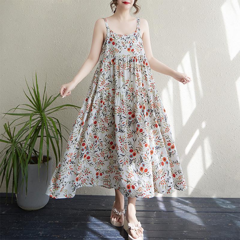 Summer Thin Print Patchwork Maxi Dress with Loose Slimming Fit and Large Hem