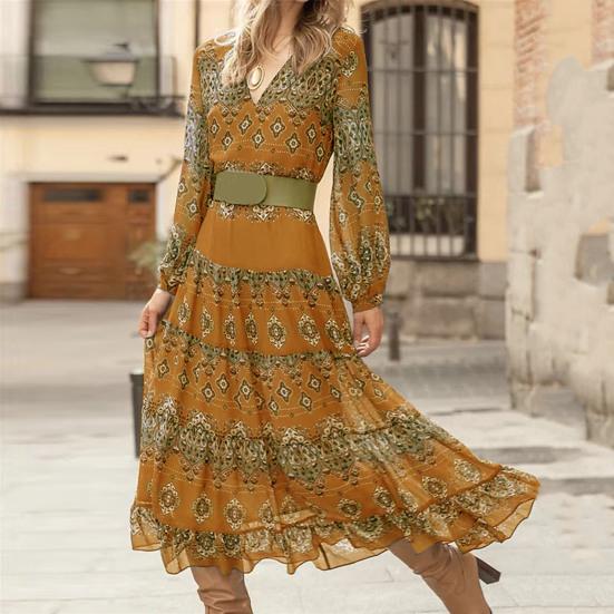 

Женское платье осень-весна с винтажным принтом, А-силуэт, большой подол, пэчворк, длинный рукав, облегающее, с высокой талией, V-образным вырезом, бохо, длиной до середины икры S коричневый