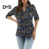 Women Shirt V-neck 3/4 Roll-Up Sleeves Lightweight Tops Flower Print Flowy Hem Tunic Tops Daily Wear