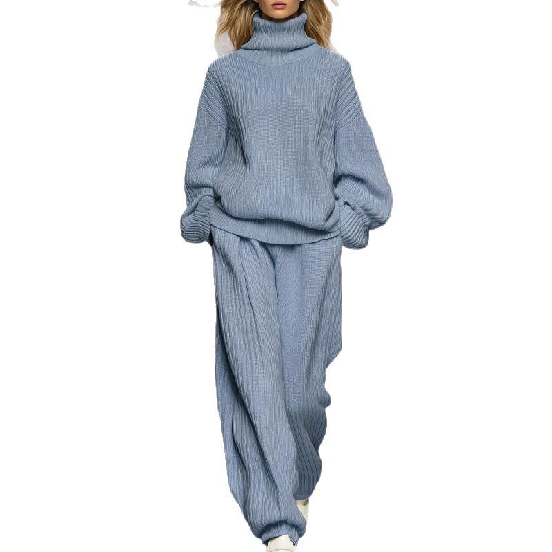 2025 Autumn/Winter Women's Casual Knit Set: High Neck Top & Wide Leg Pants