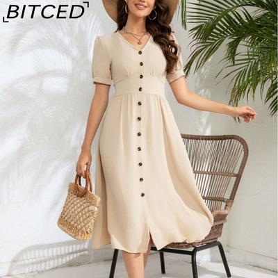 Women's Spring and Summer Temperament and Elegance Solid Colour Row of Buttons Waisted Dresses
