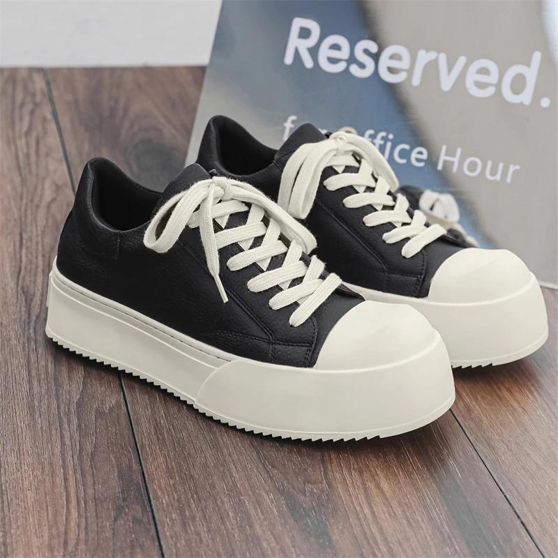 Fashion Men Casual Outdoor Antiskid Thick Bottom Sneakers Fashion Round Toe Lace-Up Tenis Masculino Shoe Genuine Leather Comfy Flat Shoe