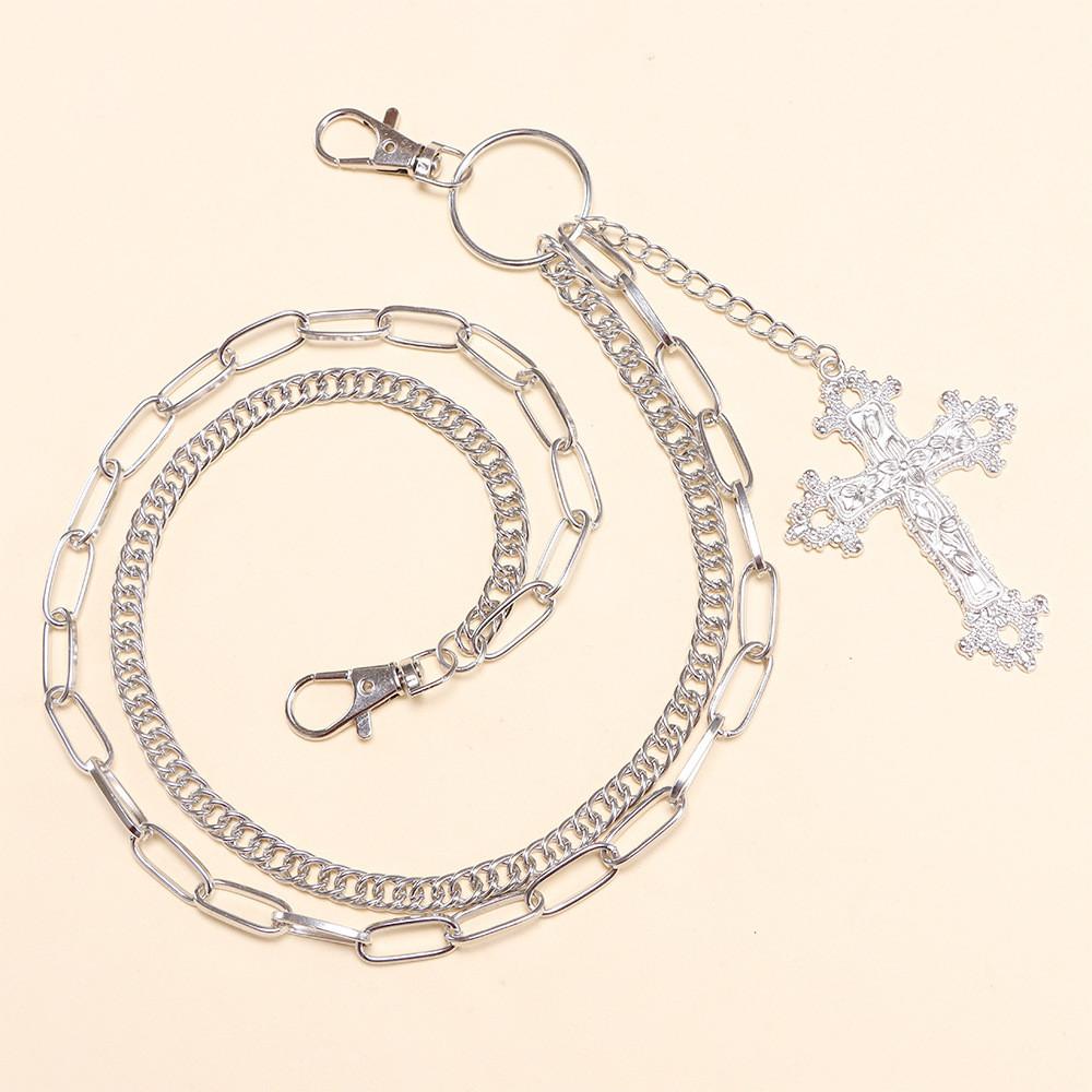 Punk Style Double Layer Cross Pendant Metal Chain Belt For Men Hip Hop Streetwear