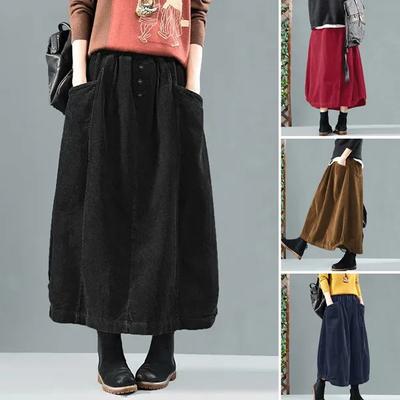Jupe longue à taille élastique pour femme, style vintage, en velours côtelé, couleur unie, ample, décontractée, automne