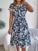 Kleid mit V-Ausschnitt, bedrucktem Knopf, taillenbetontes, elegantes, strähniges Selvedge-Kleid für Damen mit Fledermausärmeln, lockere Kleider, lässiges Kleid