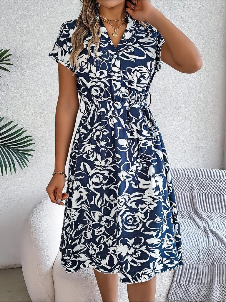 Kleid mit V-Ausschnitt, bedrucktem Knopf, taillenbetontes, elegantes, strähniges Selvedge-Kleid für Damen mit Fledermausärmeln, lockere Kleider, lässiges Kleid