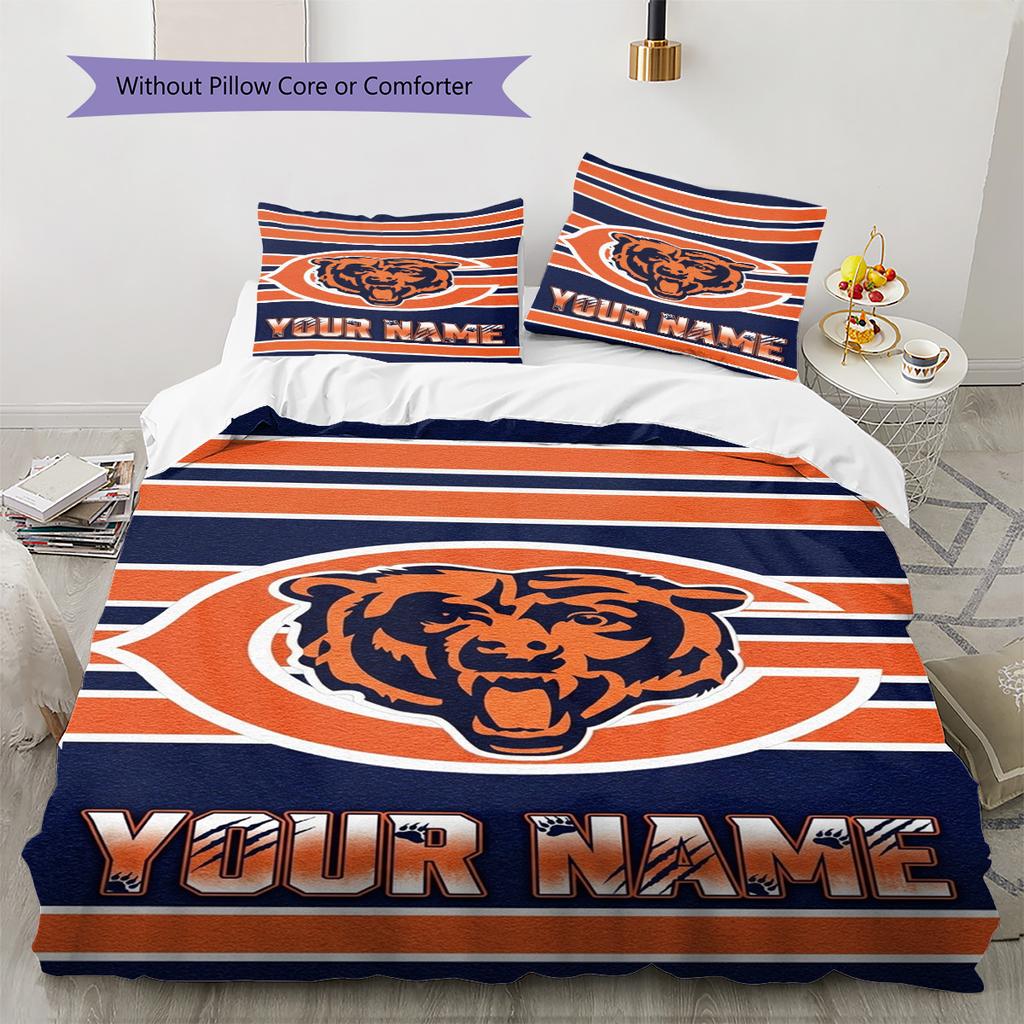 Name Custom Chicago Bears Logo Pattern Bedding Set Quilt Cover Pillowcase Home Decor Gift (1 * Duvet Cover + 2 * Pillowcase, Without Core)