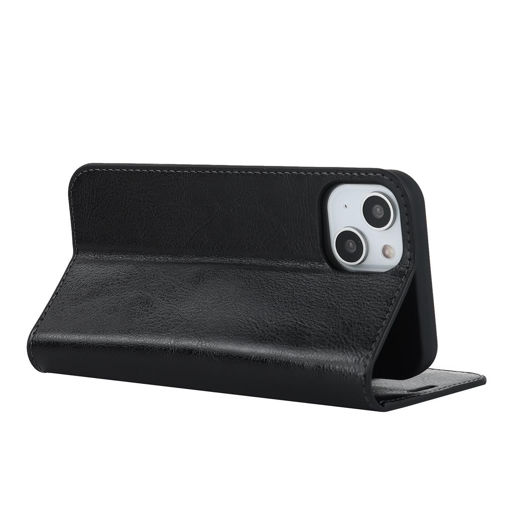 For iPhone 15 Plus Crazy Horse Texture Flip Stand Wallet Cover Genuine Cow Leather Phone Case