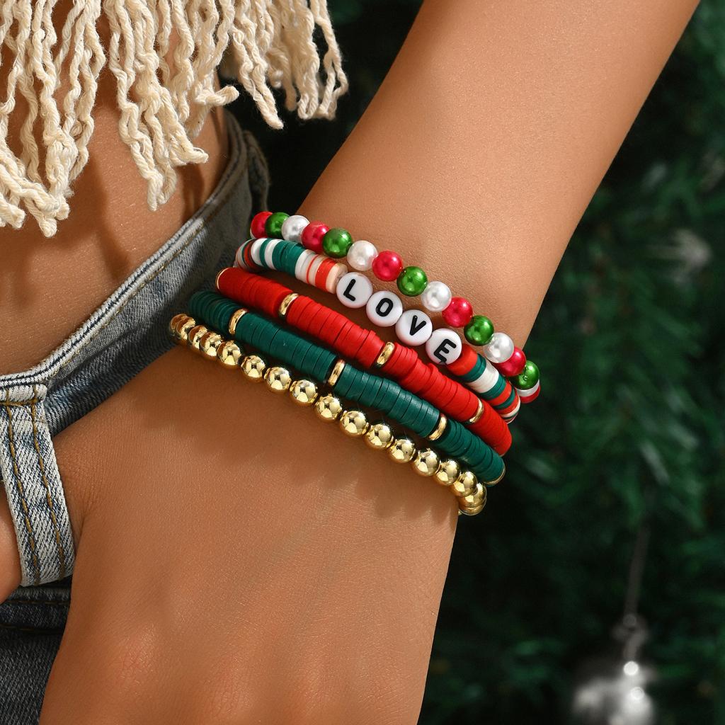 Women's Vintage Bohemian Bracelet Set, Polymer Clay Beaded Stackable Bracelets with Love Charms