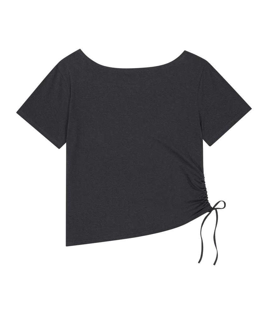 ILLIGO Ribbon String Off-Shoulder T-Shirt Charcoal