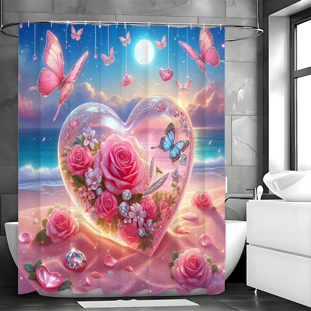 Ocean Beach Pink Butterfly Rose Floral Botanical Shower Curtain, Bathroom Decorative Shower Curtain, Waterproof Shower Curtain w