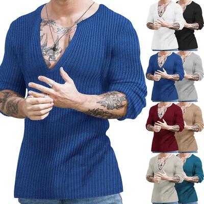 Amazon Cross-border 2023 European and American Men's Casual Autumn and Winter Deep V-neck Slim-fitting Long-sleeved Solid-color Knitted Bottoming