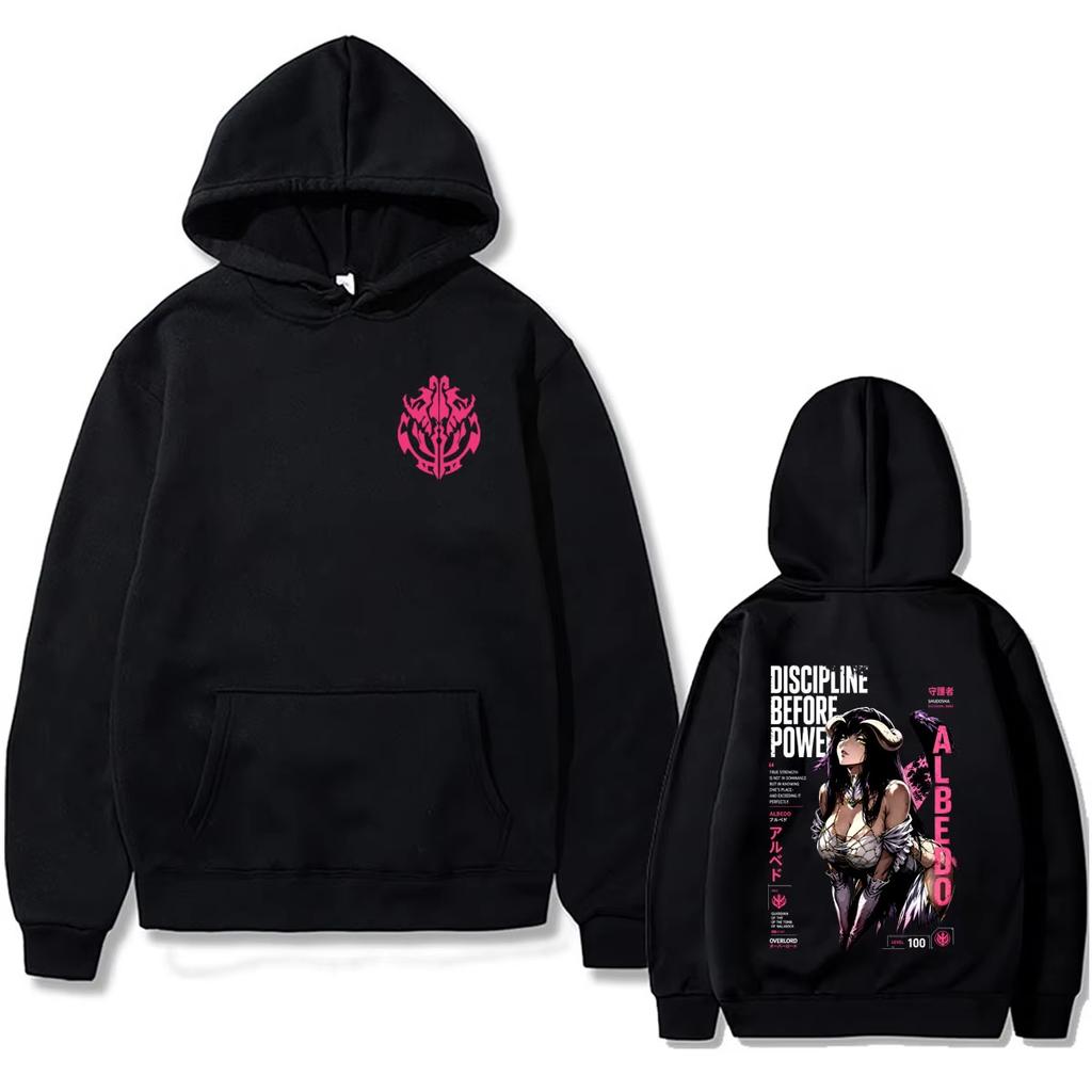 Anime Overlord Albedo "Discipline Before Power" Graphic Hoodie, Unisex Cartoon Manga Harajuku Sweatshirt, Men's Fashion Streetwear