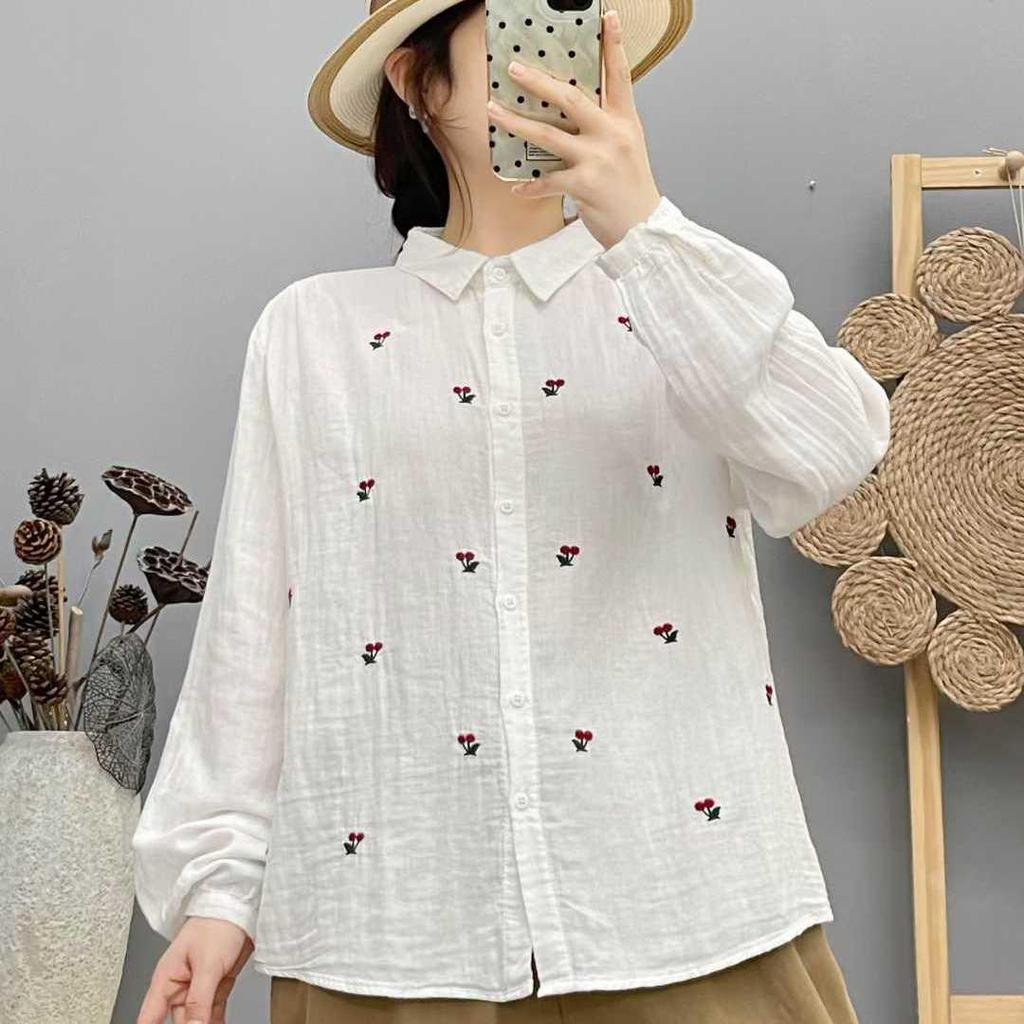 2026 Spring Women's Long-Sleeve Cherry Embroidery Double-Layer Gauze Shirt - Soft Pure Cotton, Versatile Commuter Style