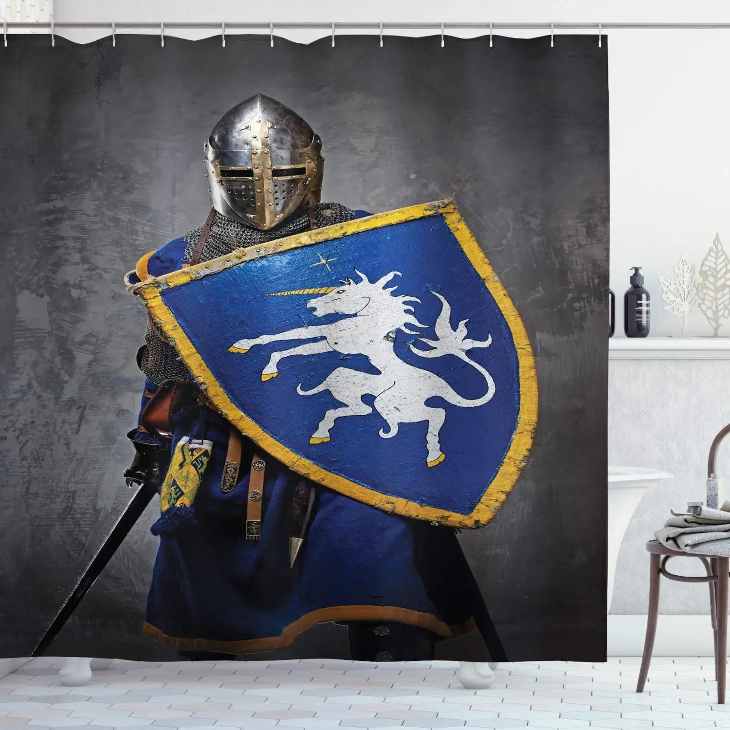 Textile Article Light Medieval Knight Shower Curtain, Retro Armor Knight Holding Shield And Sword Bathroom Shower Curtain Set, Polyester Fabric, Hooks
