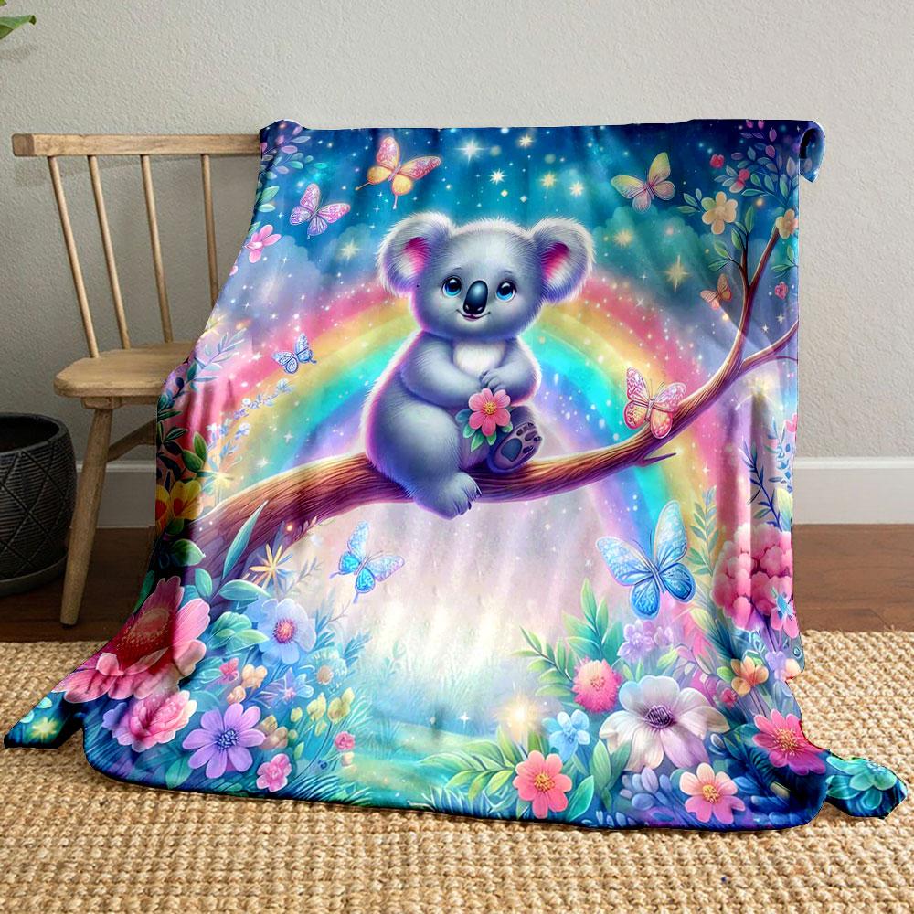 Cute Koala with Rainbow and Butterflies Patterned Blanket, Flannel, Suitable for All Seasons, Home Decor, Warm and Cozy