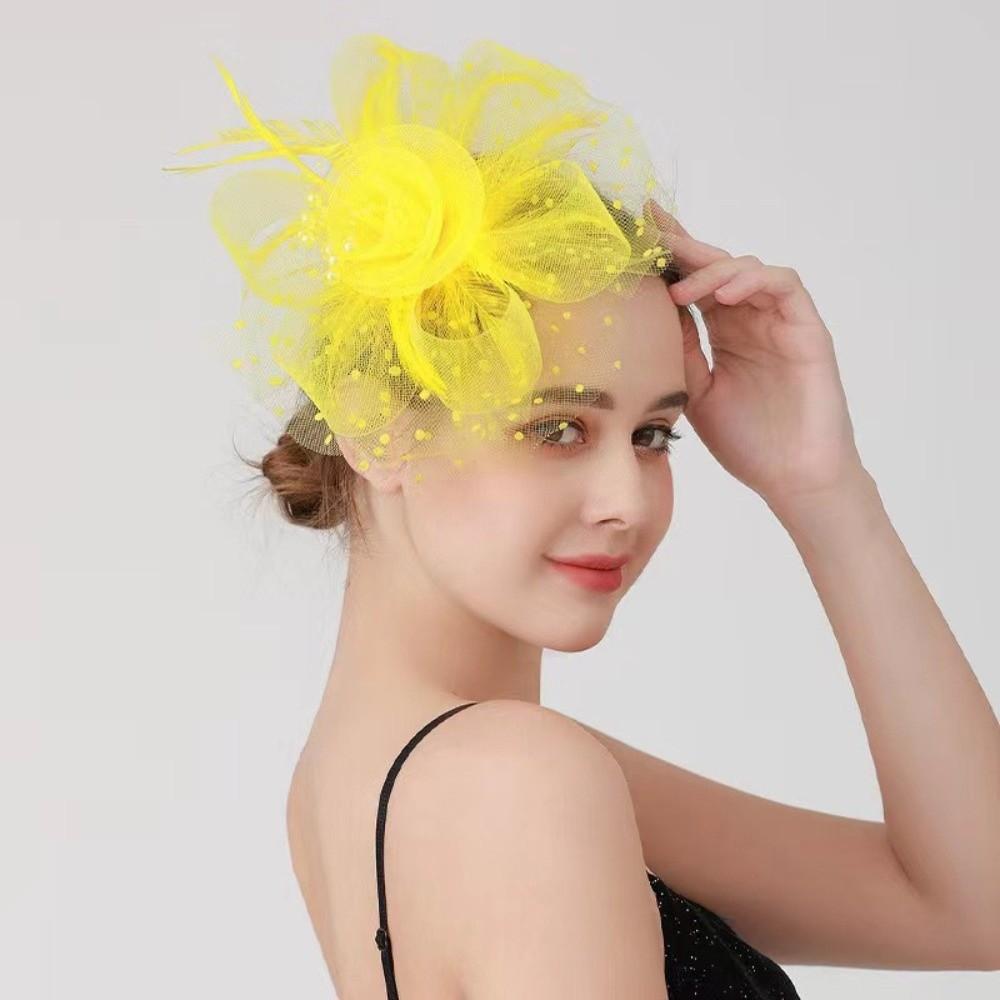 Bride Headdress Feathers Fascinator Hat Hoop Flower Mesh Exquisite Party Mesh Hair Band Flowers Polka Dot Bride Headdress Lady