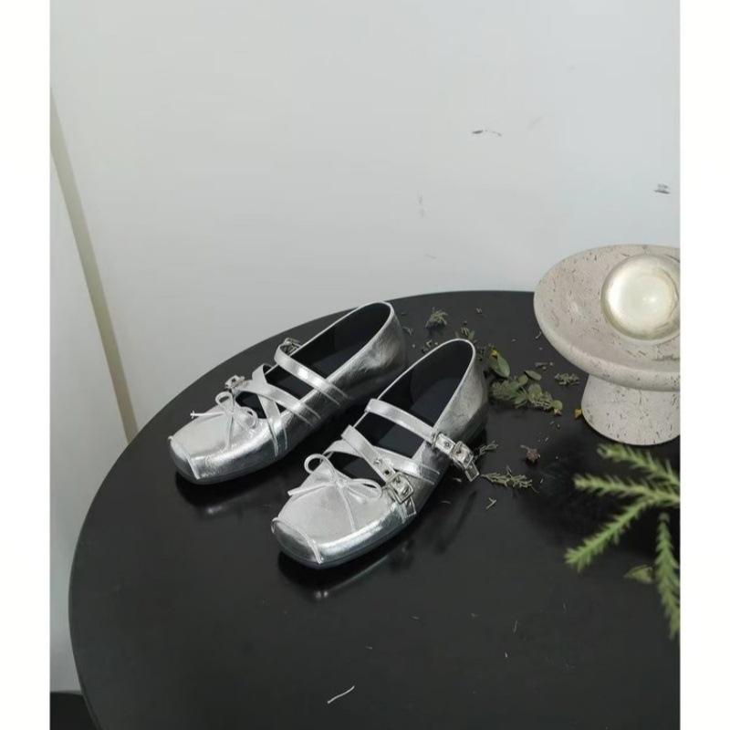 Soft Leather Version 6cm Inner Height Increase Square Head Bow Belt Buckle Shallow Mouth Mary Jane Single Shoes Women's Soft-soled Ballet Shoes