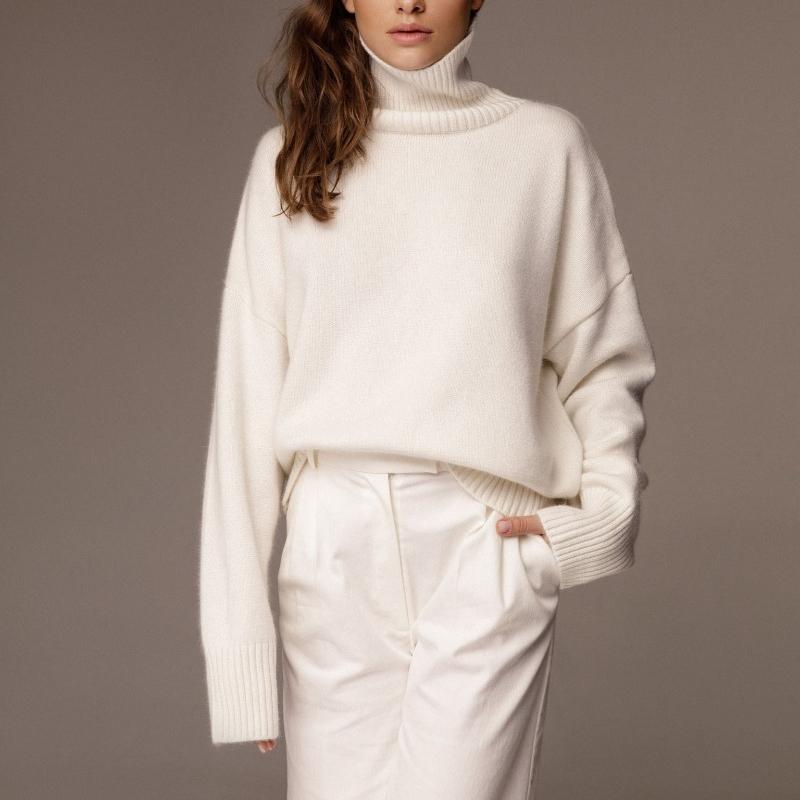 Nuovo Pullover Casual a Manica Lunga in Maglia Liscia Autunno Donna Inverno Spesso Morbido Collo Alto Pullover Maglioni Donna Moda Maglieria Morbida Jumper 24913
