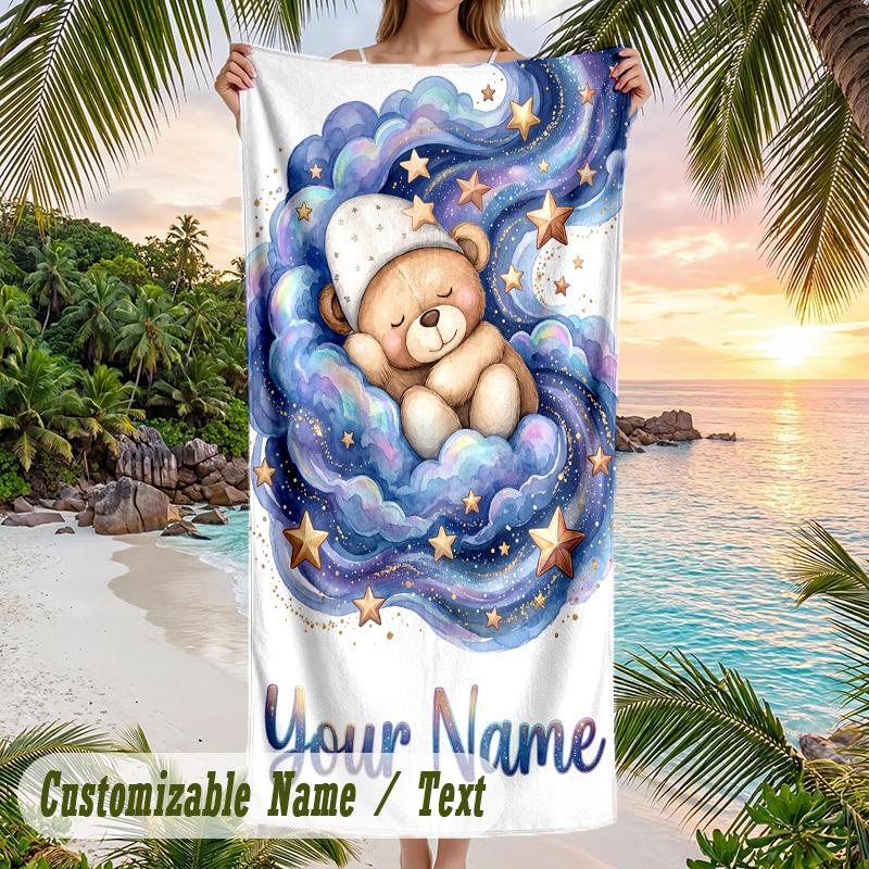 Teddy Bear Theme Beach Towel Personalized Custom Name & Text Soft Quick Dry Beach Towel for Swimming Travel