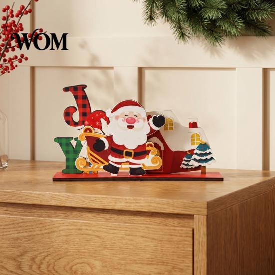 Rustic Wooden Cabin Decor Christmas Ornaments, Tabletop Decoration with Santa Claus Snowman Elk Window Display Props Designs for Home Holiday