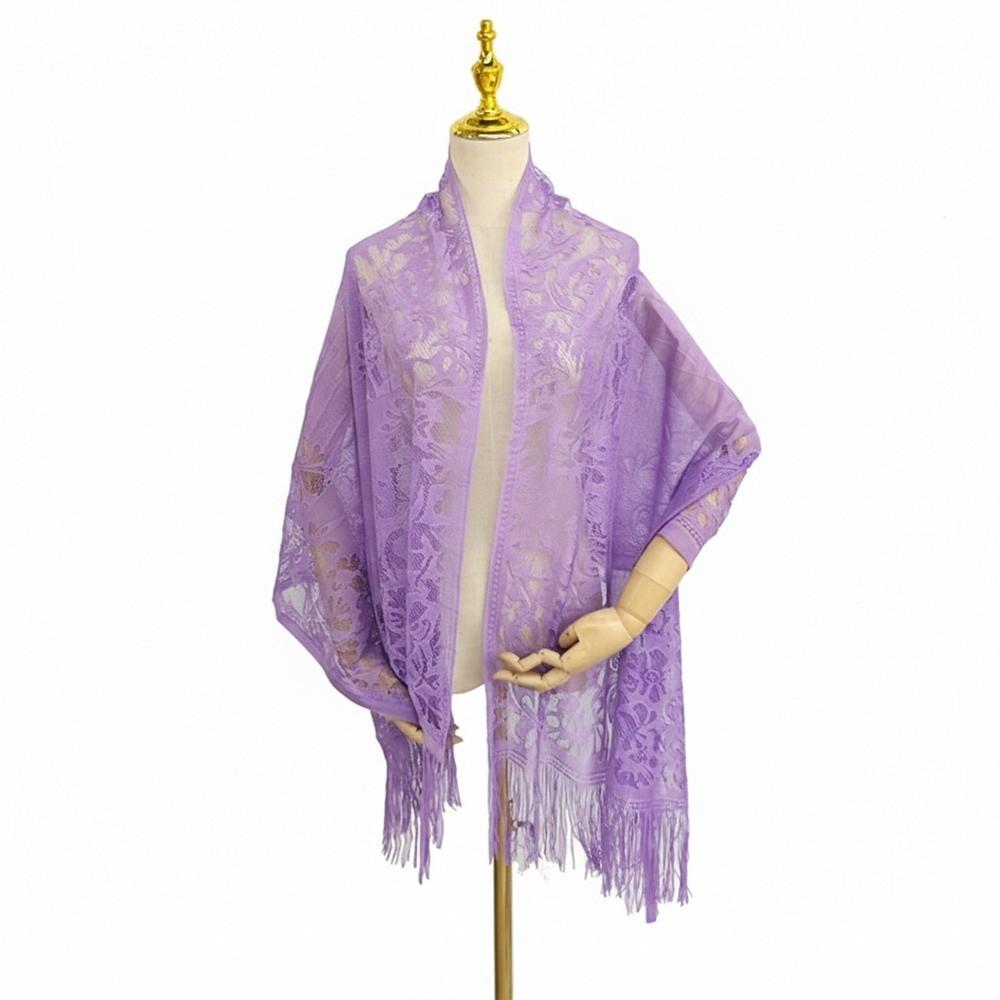 Fashion Tassel Patchwork Women Tulle Shawl V-Neck Cardigans Hollow Lace Scarf Shawl Multicolored Mantilla Lace Veil Wedding фиолетовый