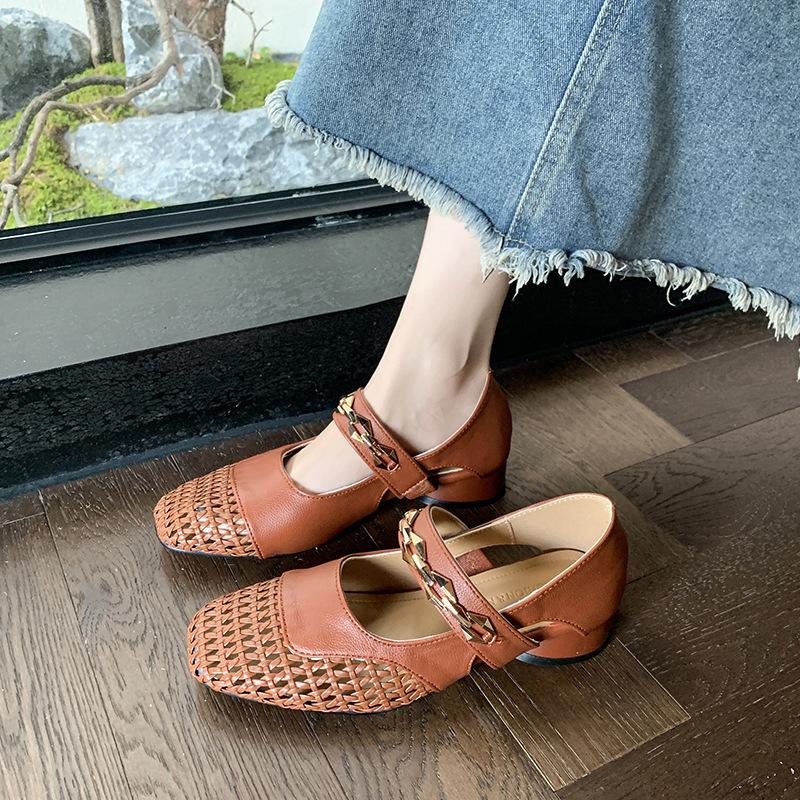 

2025 new soft leather wedge heel French woven hollow single shoes women s Mary Jane shoes summer versatile breathable cool single 40