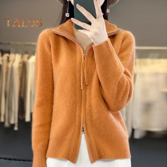 Women Knitted Sweater Coat High Collar Long Sleeve Double Zipper Placket Autumn Winter Solid Color Knitwear