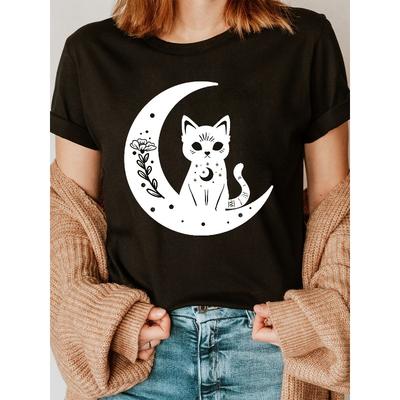 Cat On The Moon Print T-shirt, Short Sleeve Crew Neck Casual Top for Summer & Spring, Women's Clothing