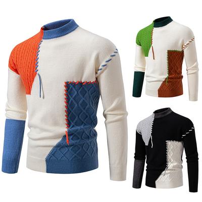Fashion Men's Clothing Contrasting Color Patch Sweater Knitted Sweater Semi-turtleneck Breathable Sweater