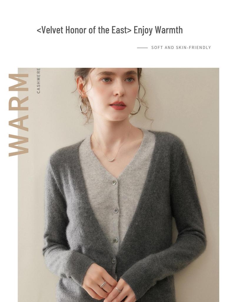 2025 Fall/Winter Women's Color Block V-Neck Cashmere Faux Two-Piece Cardigan