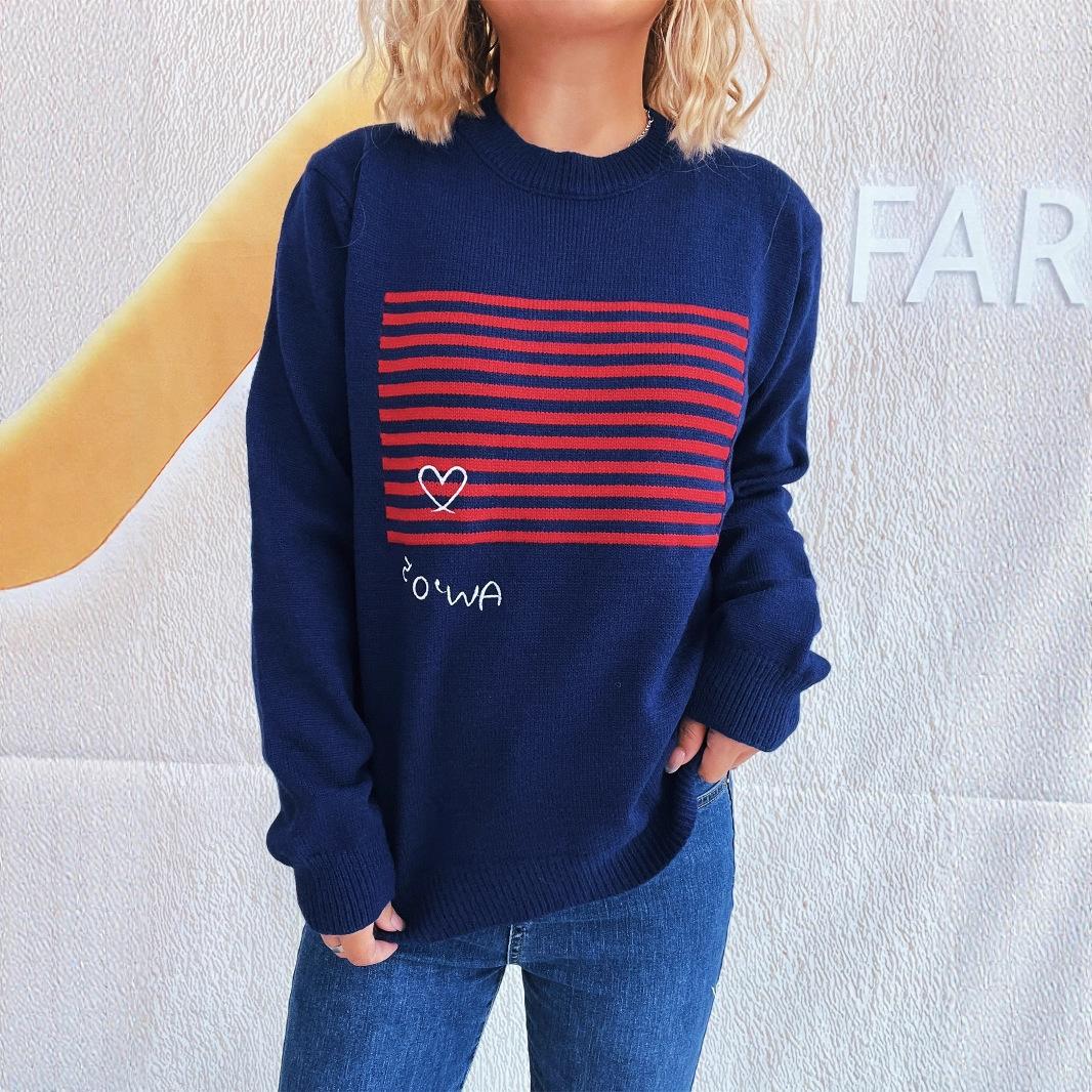 

Sueter Mujer 2025 Korean Version New Color Blocked Striped Knitted Top Chic Women s Sweater Casual Pullover CR4364 M темно-синий