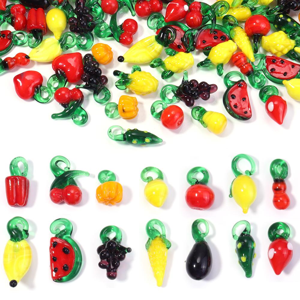 5pcs/lot Vegetables Fruit Glass Charms Pendant Lemon Watermelon Eggplant Grape Pendants For DIY Jewelry Making Necklace Earrings