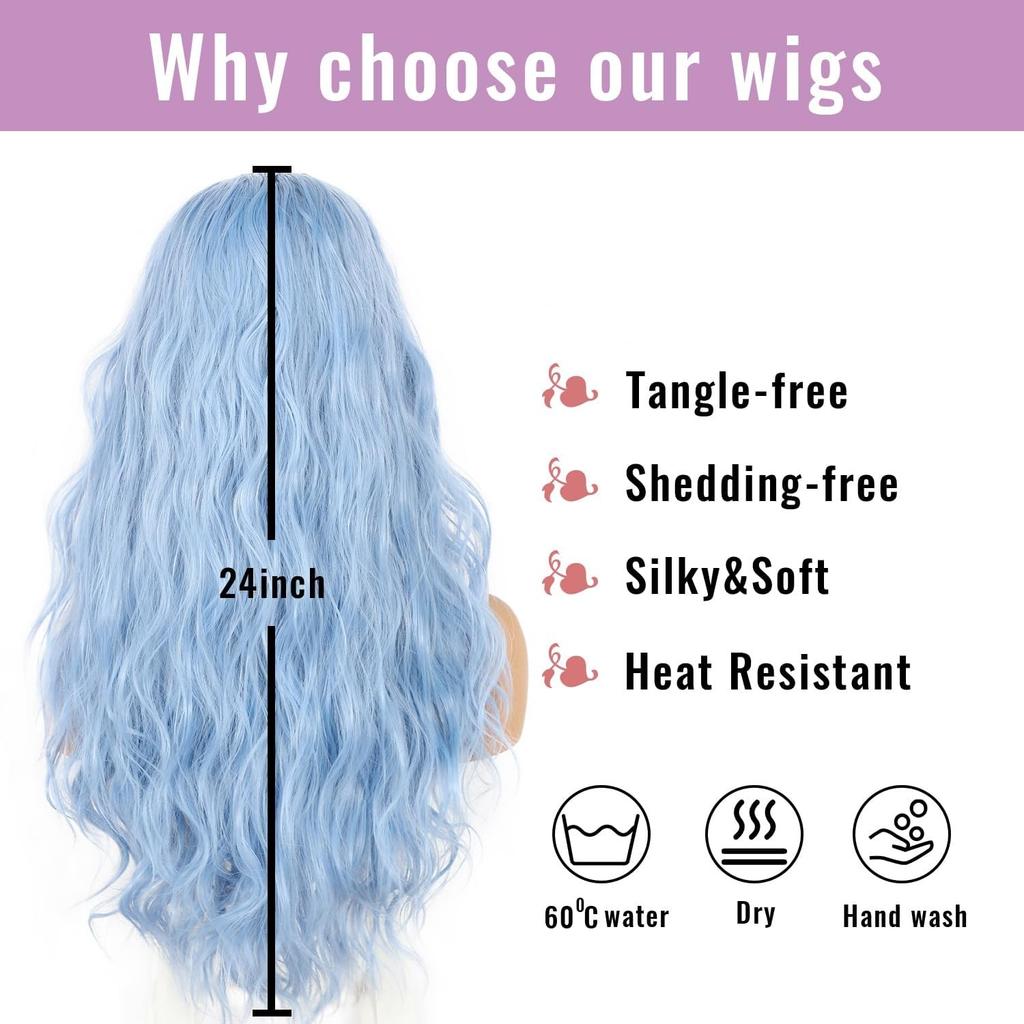 Blue Wavy 13×4 Lace Front Wig Long Hair Ice Blue Wigs for Women Heat Resistant Hair Daily Use Cosplay Party Halloween Wig 24inch