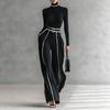 Autumn New Style Elegant Stand Collar Color Block Trim Waist Slim Fit Long Sleeve Knit + Wide Leg Pants Two Piece Set