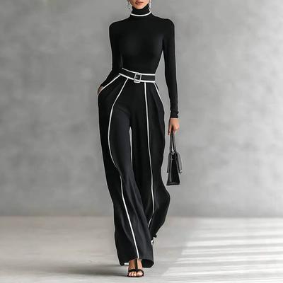Conjunto de Duas Peças Elegante de Outono Novo Estilo com Gola Alta, Bloco de Cores, Cintura Marcada, Ajuste Slim, Manga Longa em Tricô + Calças de Perna Larga