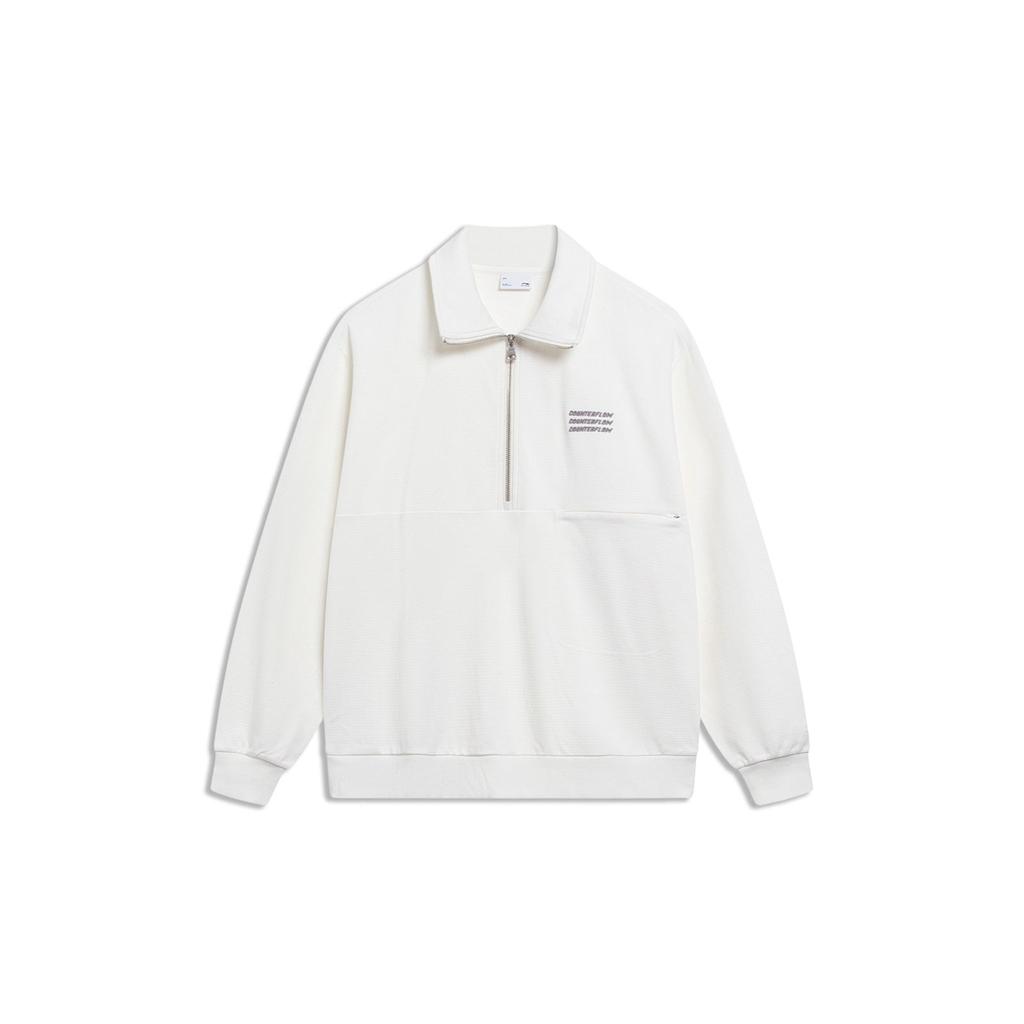 Li-Ning Sports Fashion Series Solid Color Letter Logo Embroidered Polo Pullover Long Sleeve Sweatshirt Unisex Tops Milk-White AWDT589-1