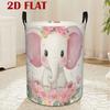A Round Laundry Basket Featuring a Floral Elephant Design, Designed In a Gentle And Healing Style. It Is a Large-Capacity, Foldable Polyester Storage 
