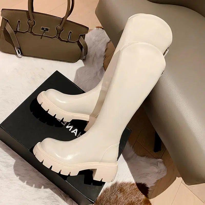 Thick-legged long boots, women's v-mouth thick-soled fat mm big tube-circumferential knight boots are thin, simple and fashionable, thick-sole