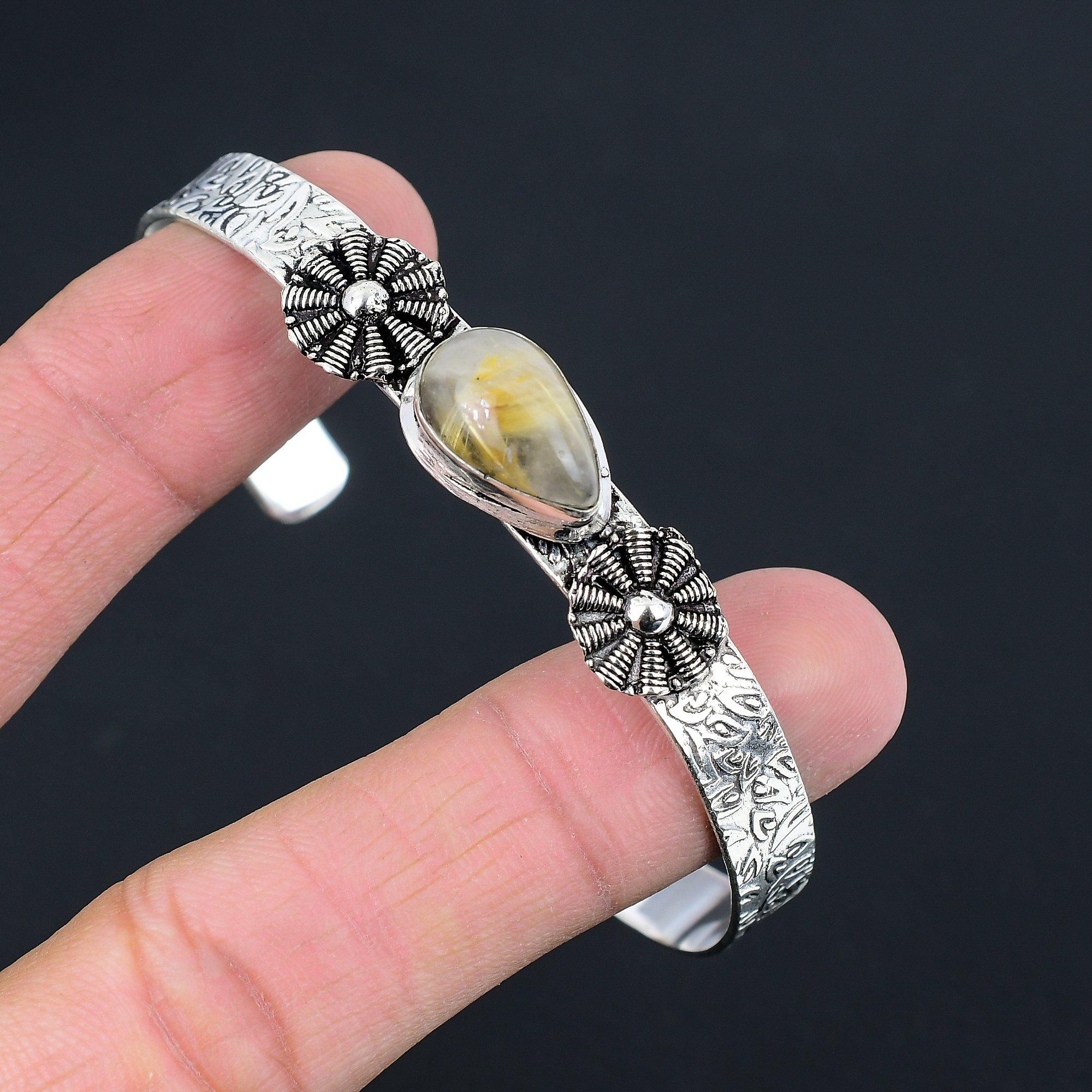 

Natural Golden Rutile Gemstone Bangle Adjustable 925 Sterling Silver Jewelry Adjustable
