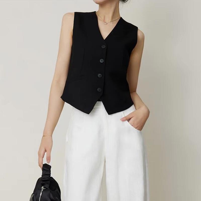 Thin rain dew linen single, short V-neck fashionable suit vest, Tencel money style, elegant V-neck vest