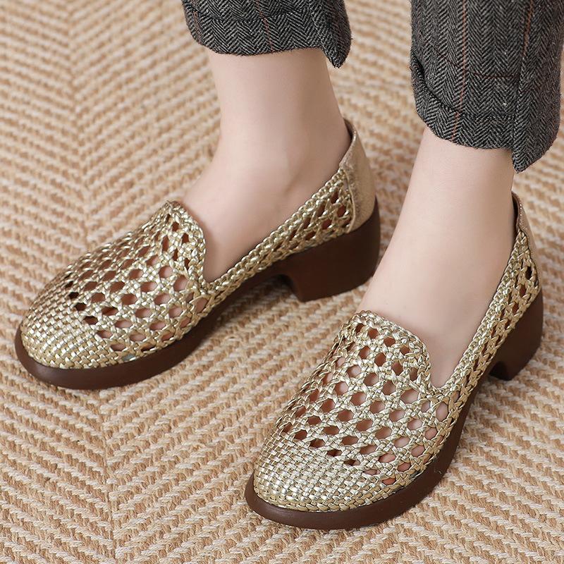 2025 Summer Hollow Woven Breathable Shoes Women Sandals Big Size Thick Heels Genuine Leather Shoes Summer Casual Sandals