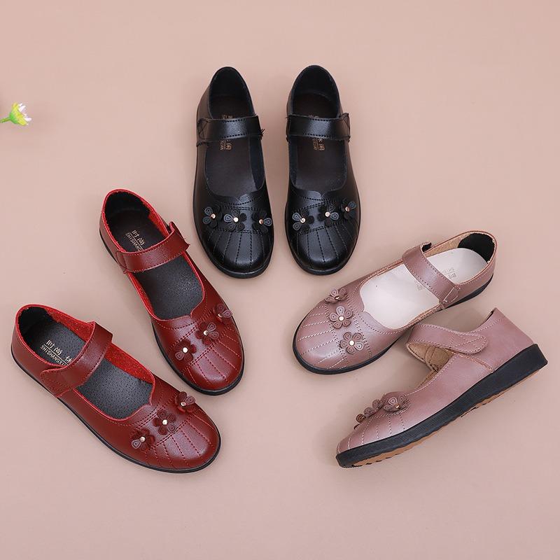 Spring and Summer Shoes, Sandals, Comfortable Soft-soled Leather Shoes, Flat-soled Non-slip Medium-sized Elderly Retro Single Shoes