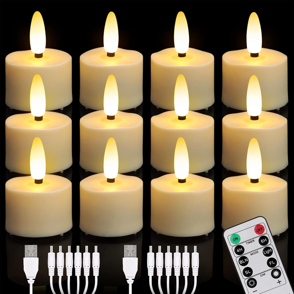 USB Rechargeable 3D Wicks Tealights Candle Flameless Flickering Battery Operated with Remote Control & Timer Realistic Led Tea Lights for Halloween