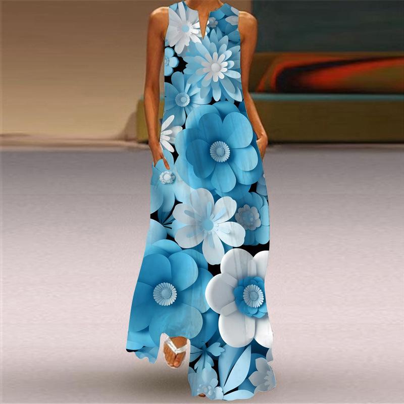 2026 Summer Sleeveless V-Neck Printed Dress for Women: Long, Sexy, European & American Style S
