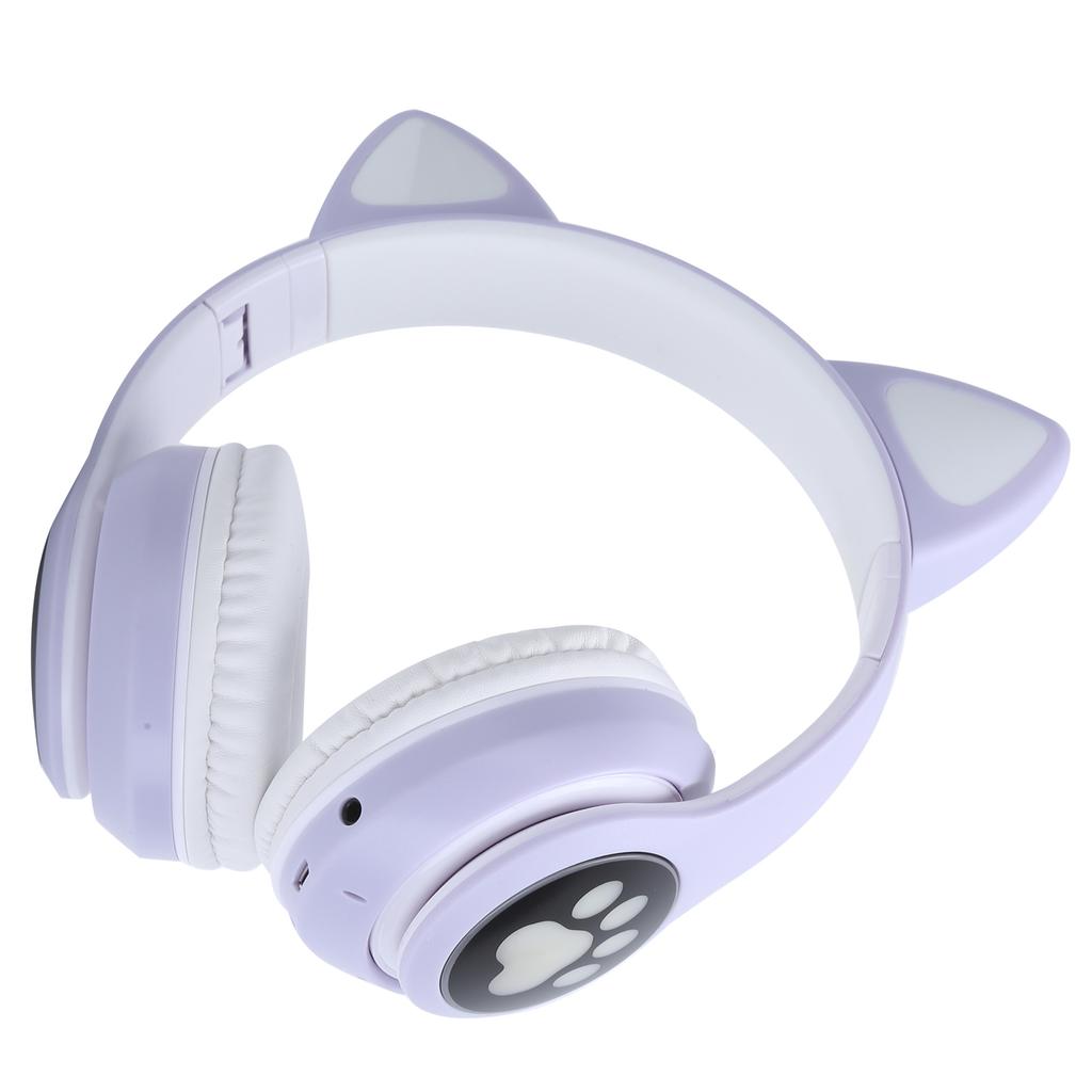 Bluetooth 5.0 Headphones Cat Ear LED Light Wireless Cute Headsets for Young PeoplePurple Cat Paw Pattern