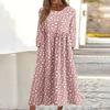Women's Casual Round Neck Floral Print Midi Dress Long Sleeve Pocket Dress
